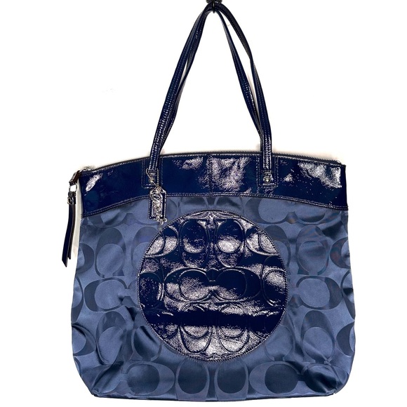 Coach | Blue Signature Laura Nylon Patent Leather Tote Bag - Picture 1 of 16